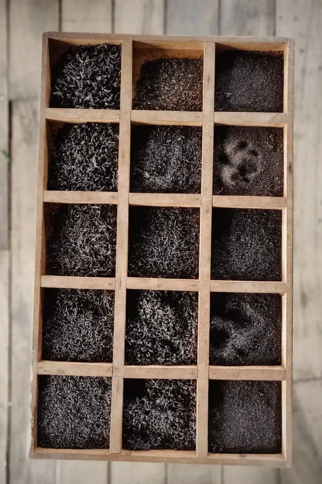 Tea dust on wooden tray