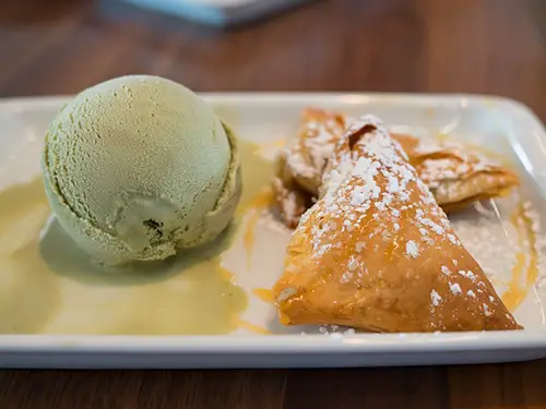 delicious dessert with green tea ice cream